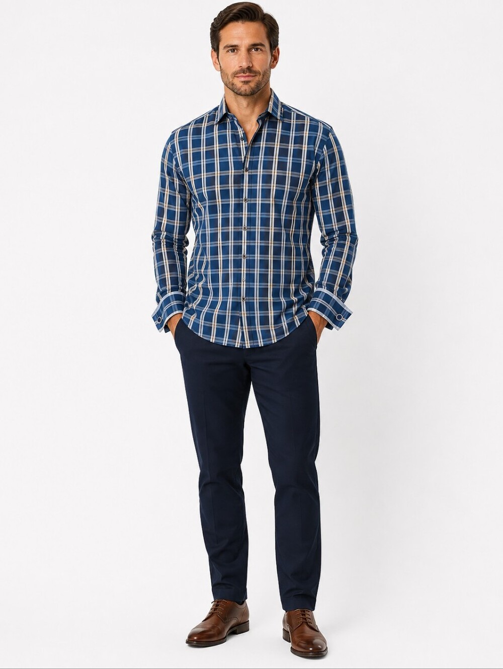 Ted Baker London Blue Plaid French Cuff Dress Shirt Men's Large Size 3‎ Cotton
